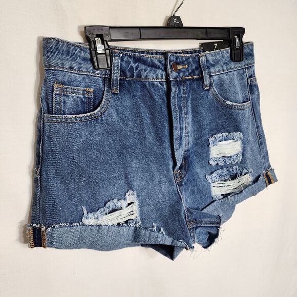 Fashion Nova Womens Denim Shorts Size 7 Blue High Rise Button Fly Distressed Rip - Picture 5 of 11